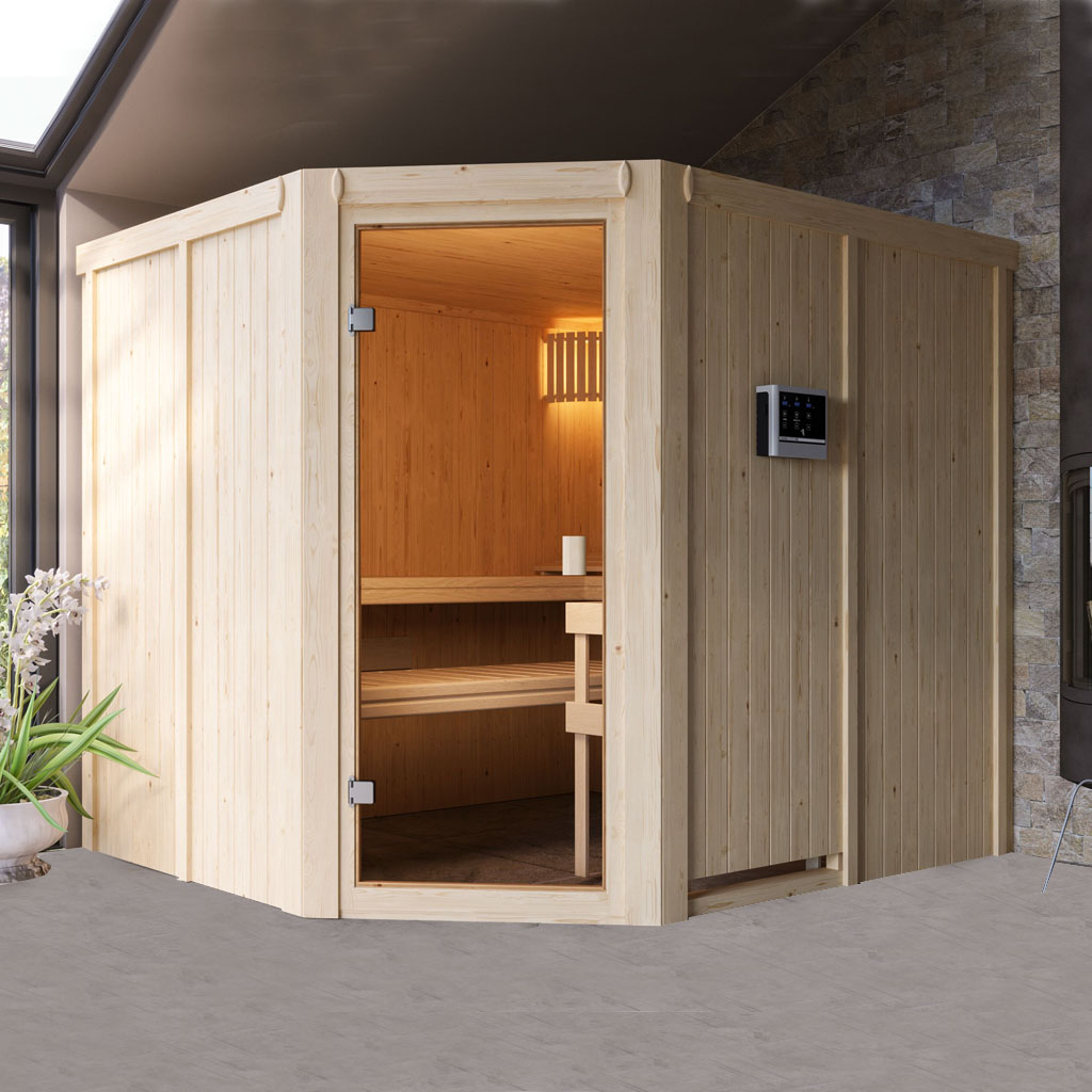 Bild von Woodfeeling 68 mm System Aktionssauna Sauna HORNA