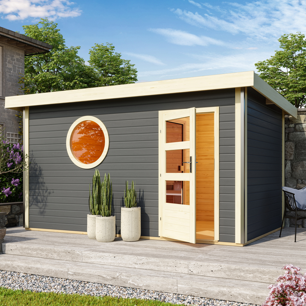 Bild von Karibu 38 mm Saunahaus Skrollan 3 Rundfenster terragrau