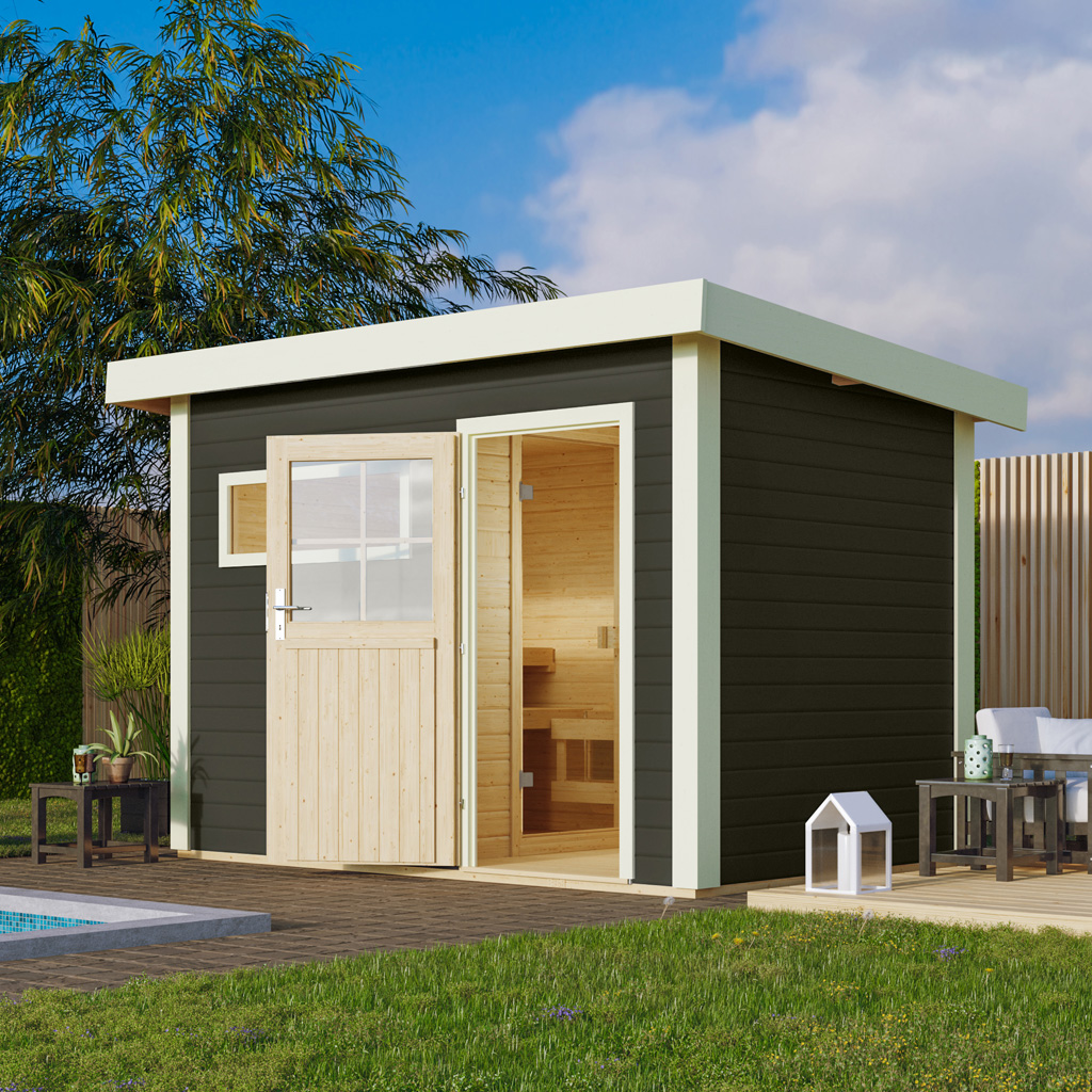 Bild von Woodfeeling 38 mm Saunahaus Suva 1 terragrau